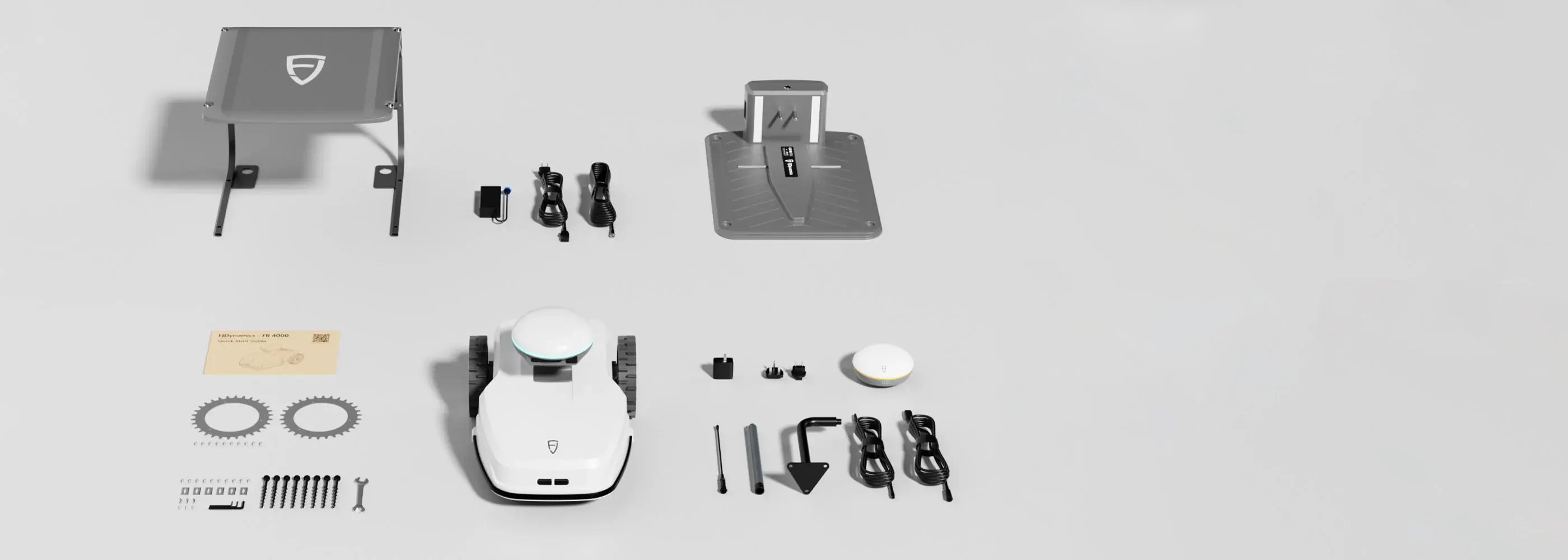 Packing list for FR4000 robotic mower including garage, charging station, tools, and accessories.