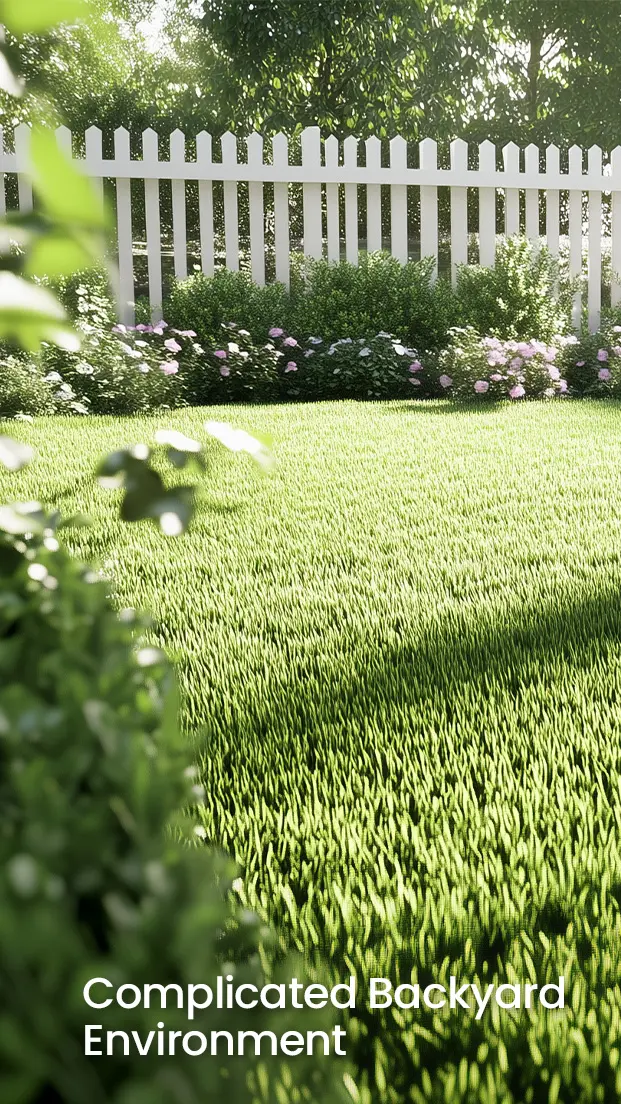 FV2000 robotic mower in a lush backyard, ideal for this complicated environment.