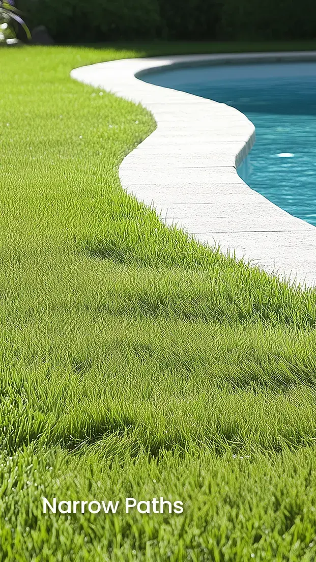 FV2000 robotic mower on a narrow path near a pool, navigating a lush backyard.