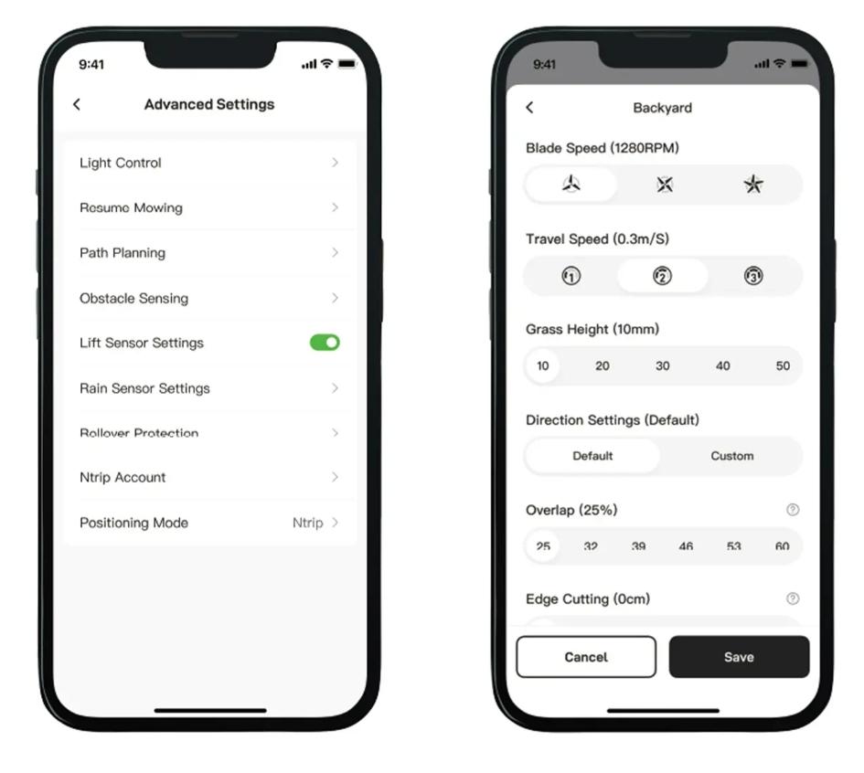 Customize mowing tasks via FJD app with adjustable cutting height, speed, and path planning.