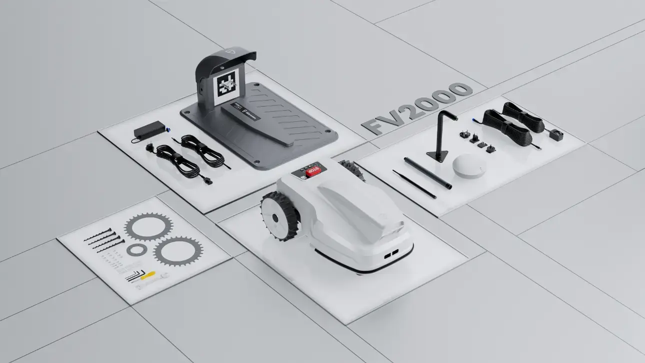 FV2000 robotic mower and accessories laid out, showing what's in the box.