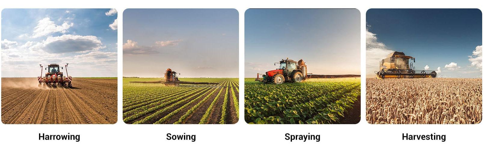 FJD AT2 Auto Steer System supports harrowing, sowing, spraying, and harvesting throughout seasons.