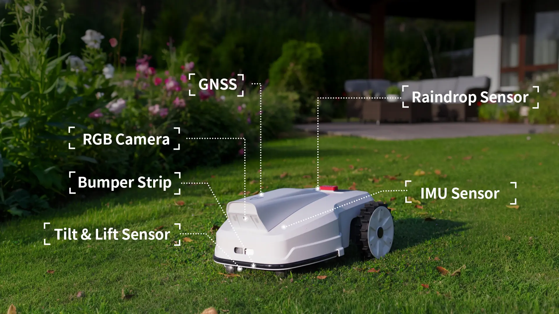 FV2000 robotic lawn mower equipped with multiple sensors for safe and efficient mowing.
