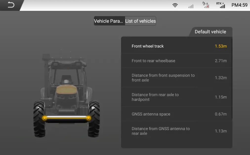 FJD Autosteering: Set vehicle parameters for precise guidance.