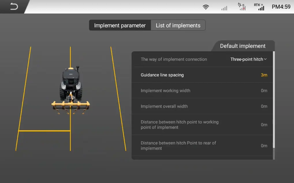 FJD Autosteering: Set implement parameters for precise guidance.