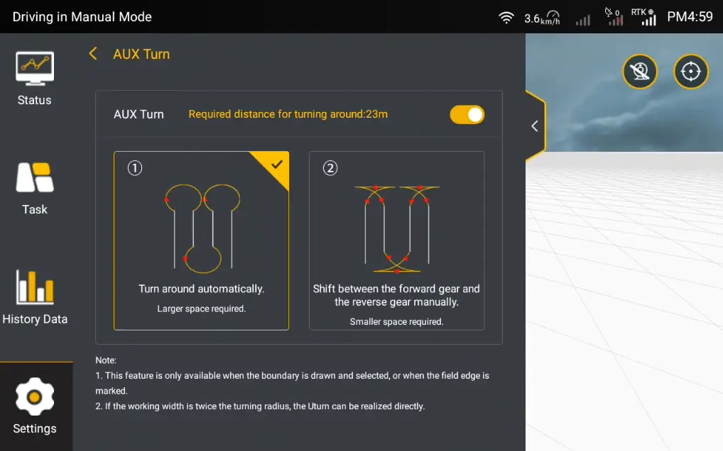 FJD Autosteering: Select U-turn method for efficient field navigation.