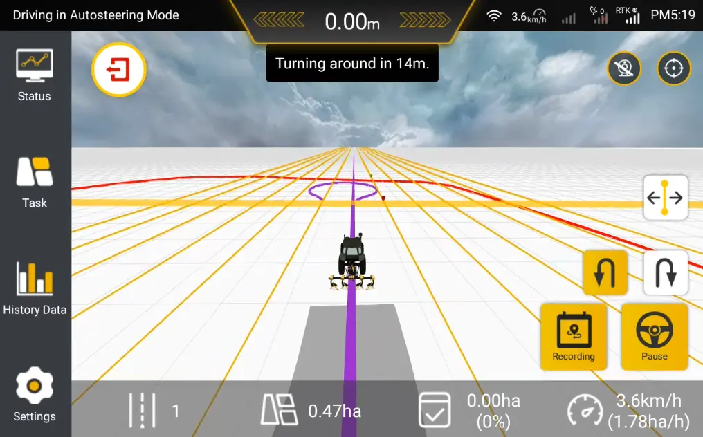 FJD Autosteering: Initiate guided U-turn with on-screen prompt.