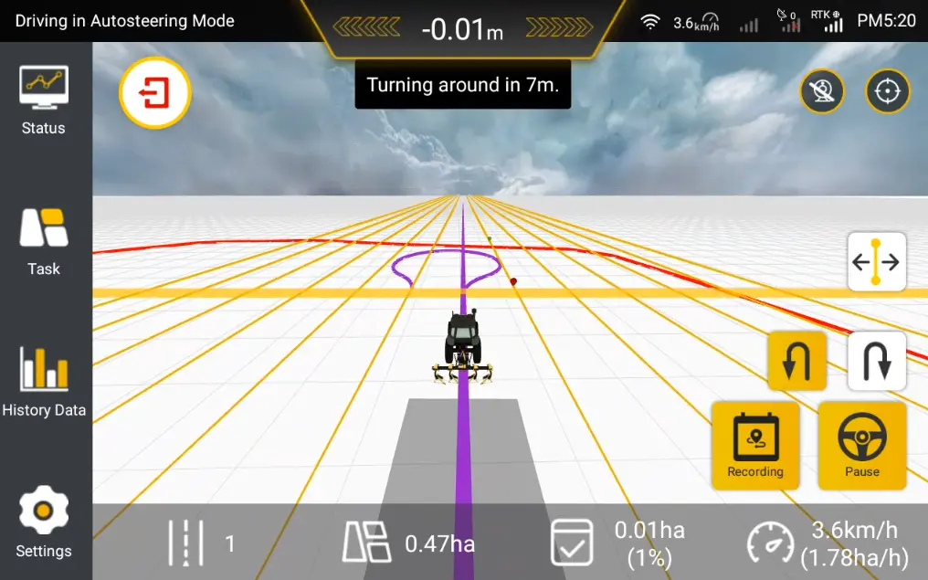 FJD Autosteering: Complete U-turn with guided assistance.
