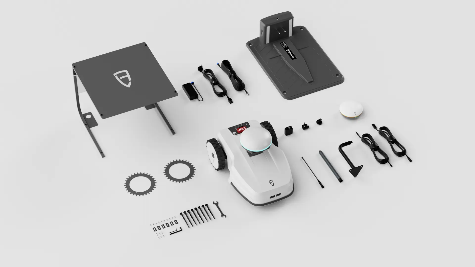 FR4000 robotic lawn mower unboxing with self-charging station and accessories